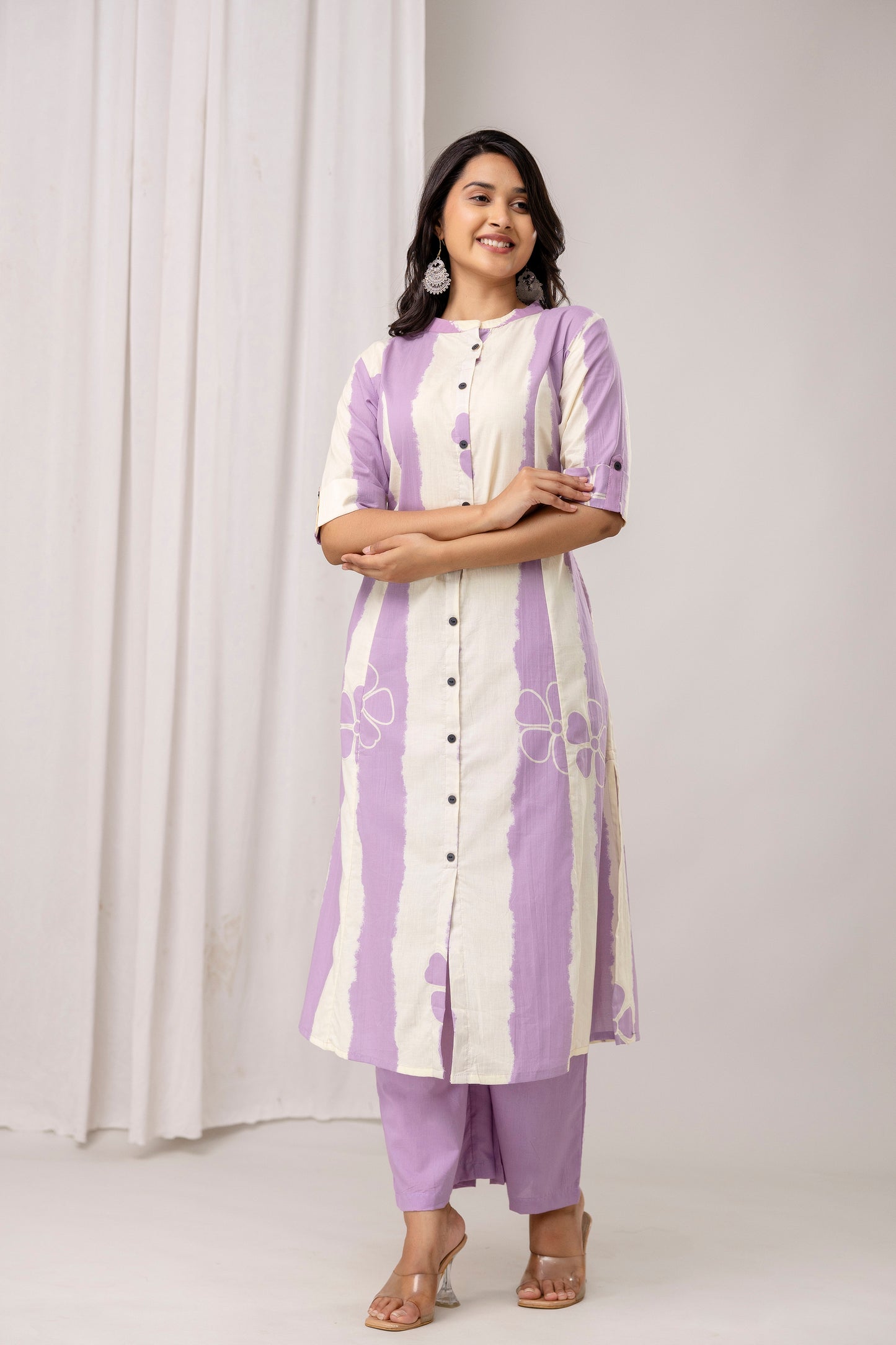 Striped Cotton Kurta & Pants with Minimal Floral Accents – Lavender & Green - Naticraft
