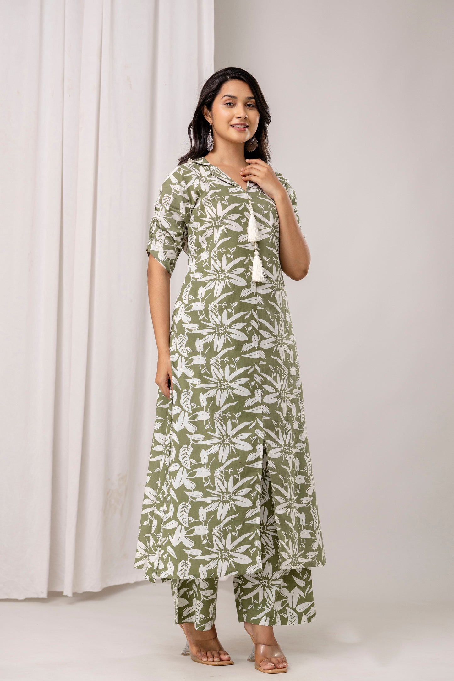 Floral Print A-Line Cotton Kurta with Pants- Tassels – Olive Green & Black - Naticraft