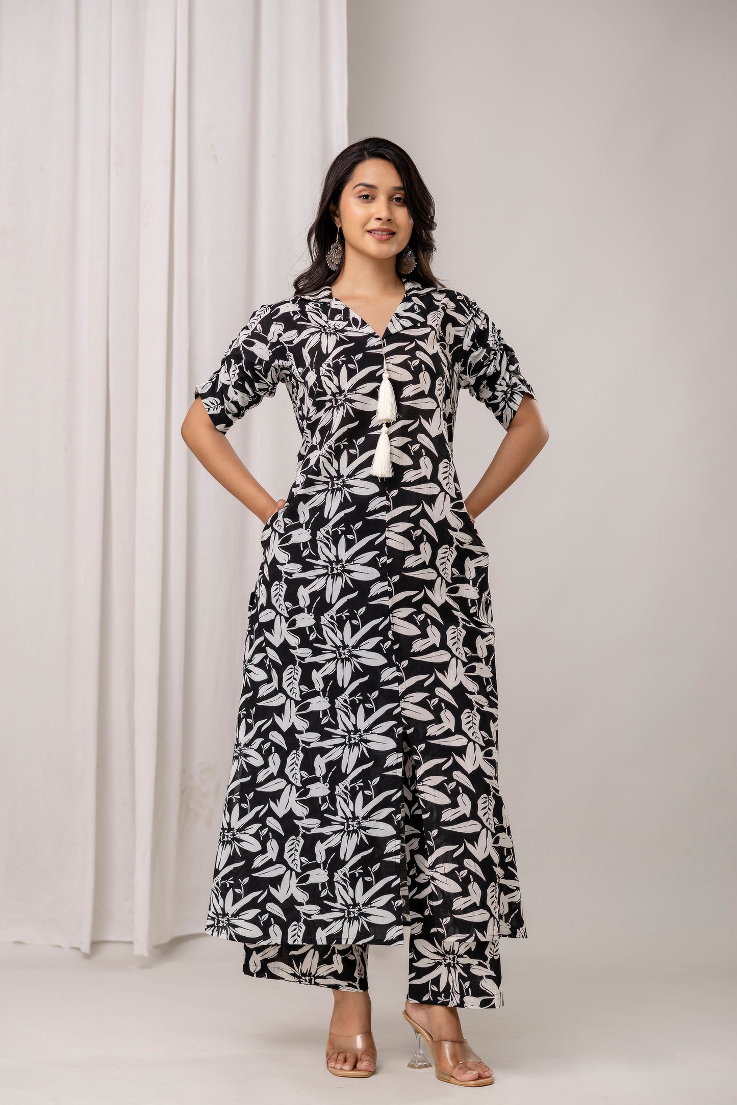 Floral Print A-Line Cotton Kurta with Pants- Tassels – Olive Green & Black - Naticraft