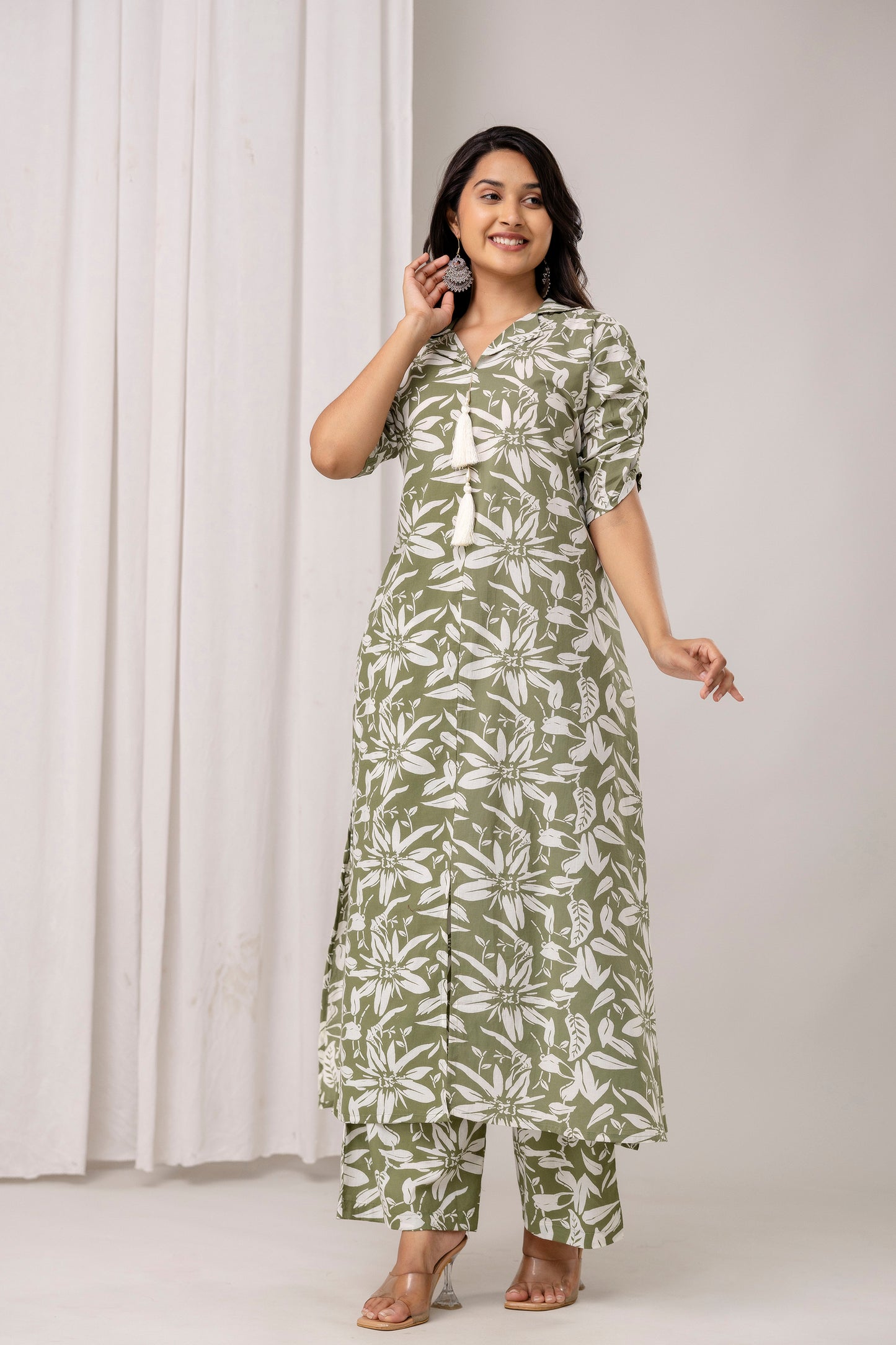 Floral Print A-Line Cotton Kurta with Pants- Tassels – Olive Green & Black - Naticraft