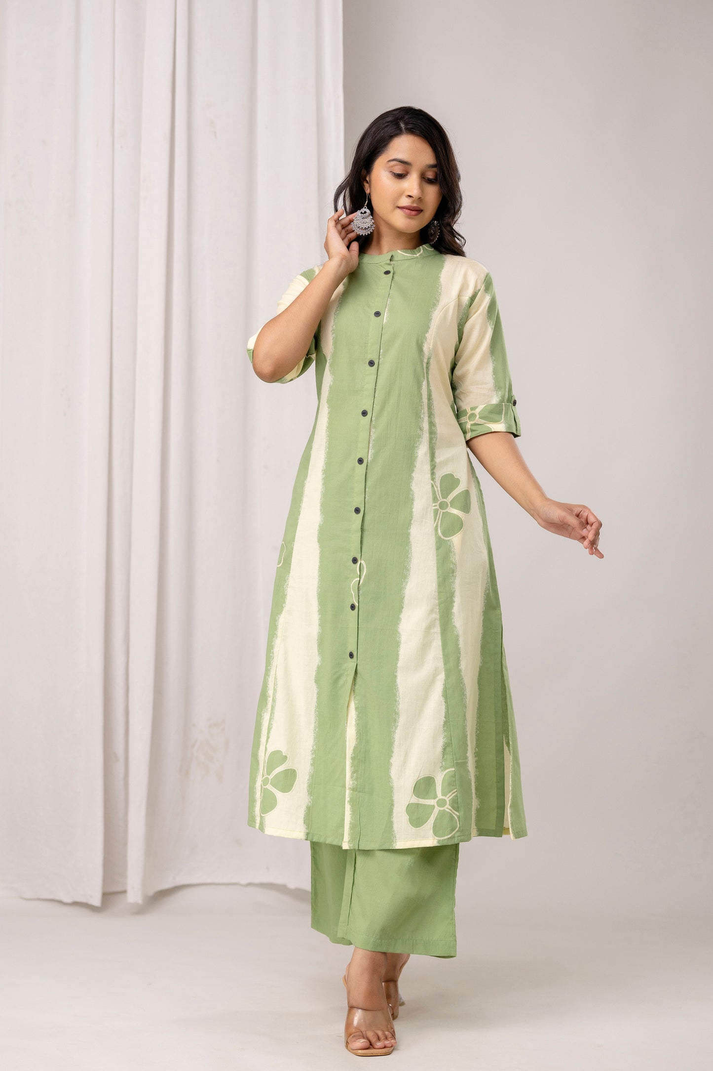Striped Cotton Kurta & Pants with Minimal Floral Accents – Lavender & Green - Naticraft
