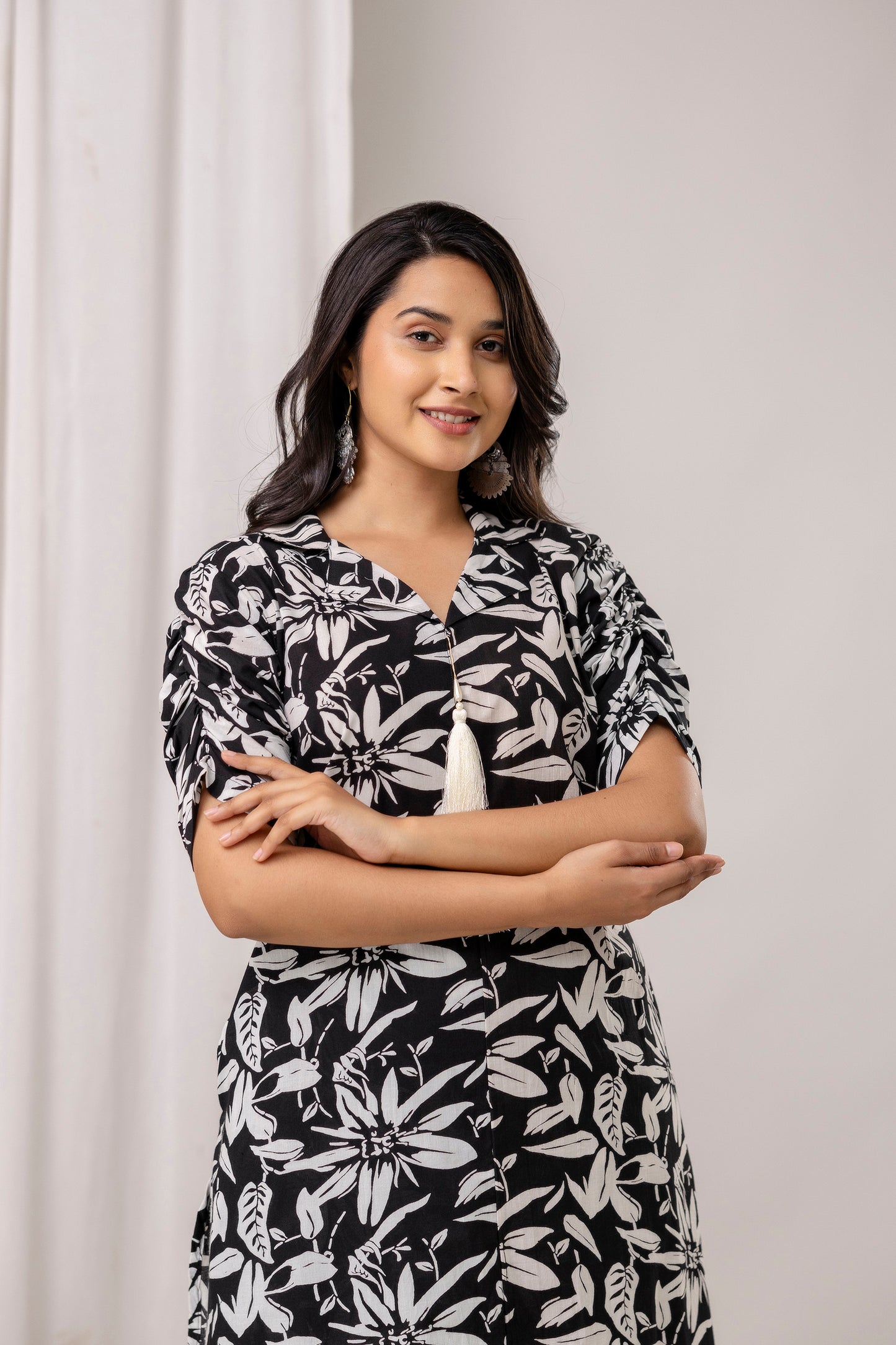Floral Print A-Line Cotton Kurta with Pants- Tassels – Olive Green & Black - Naticraft