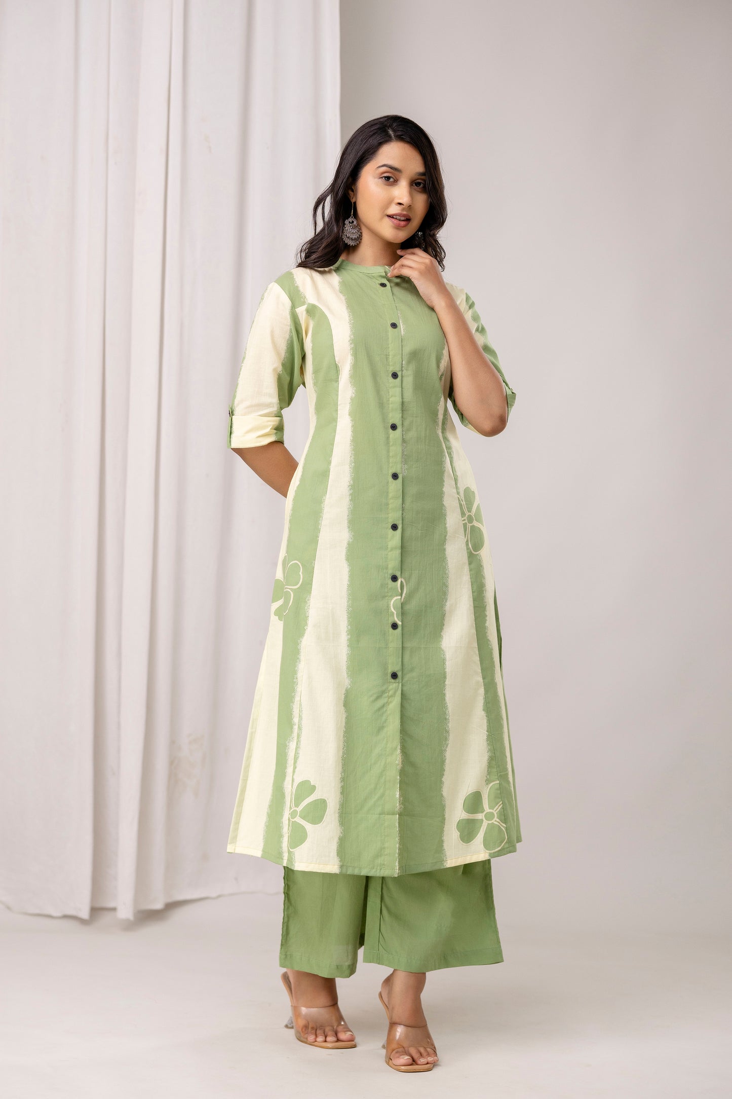 Striped Cotton Kurta & Pants with Minimal Floral Accents – Lavender & Green - Naticraft