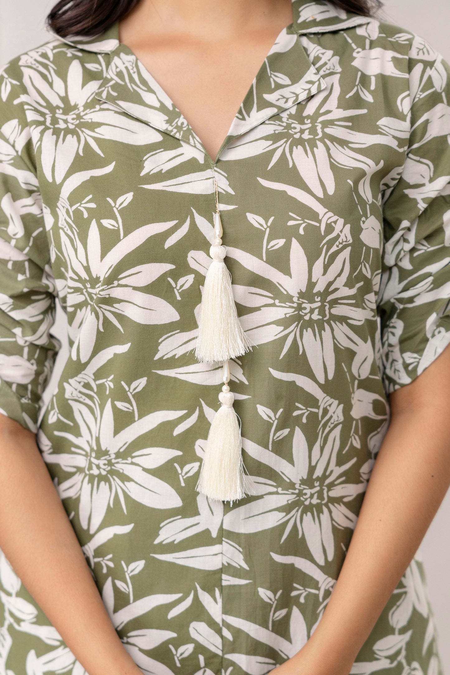 Floral Print A-Line Cotton Kurta with Pants- Tassels – Olive Green & Black - Naticraft