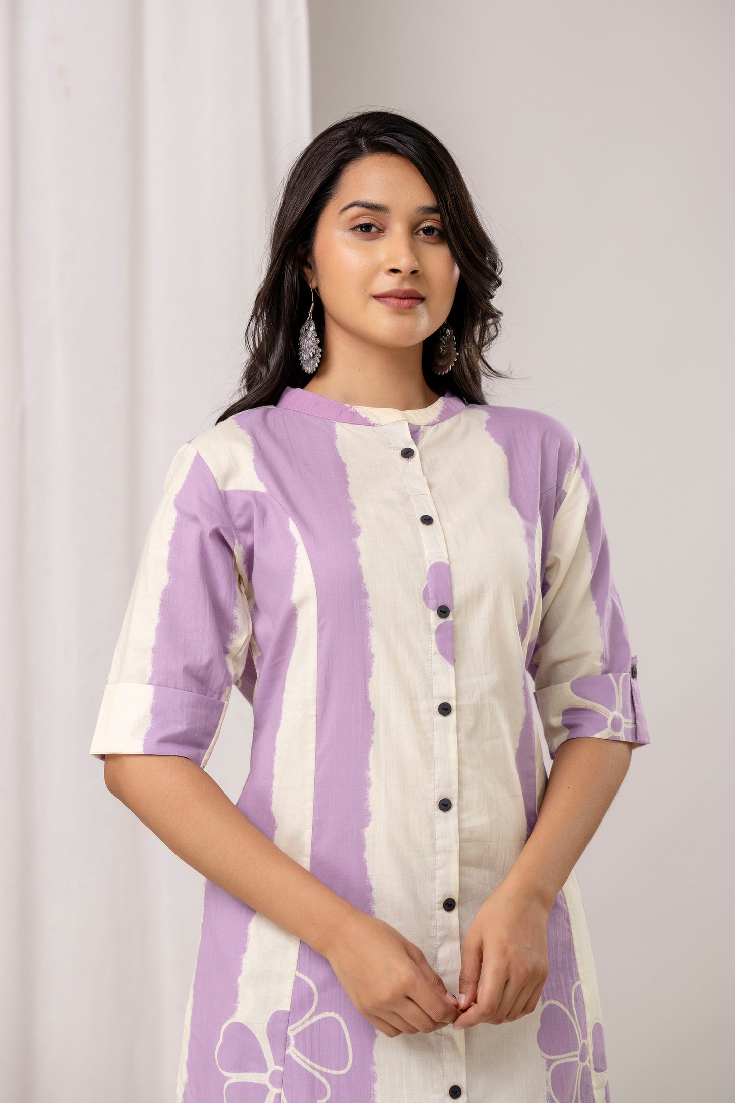 Striped Cotton Kurta & Pants with Minimal Floral Accents – Lavender & Green - Naticraft