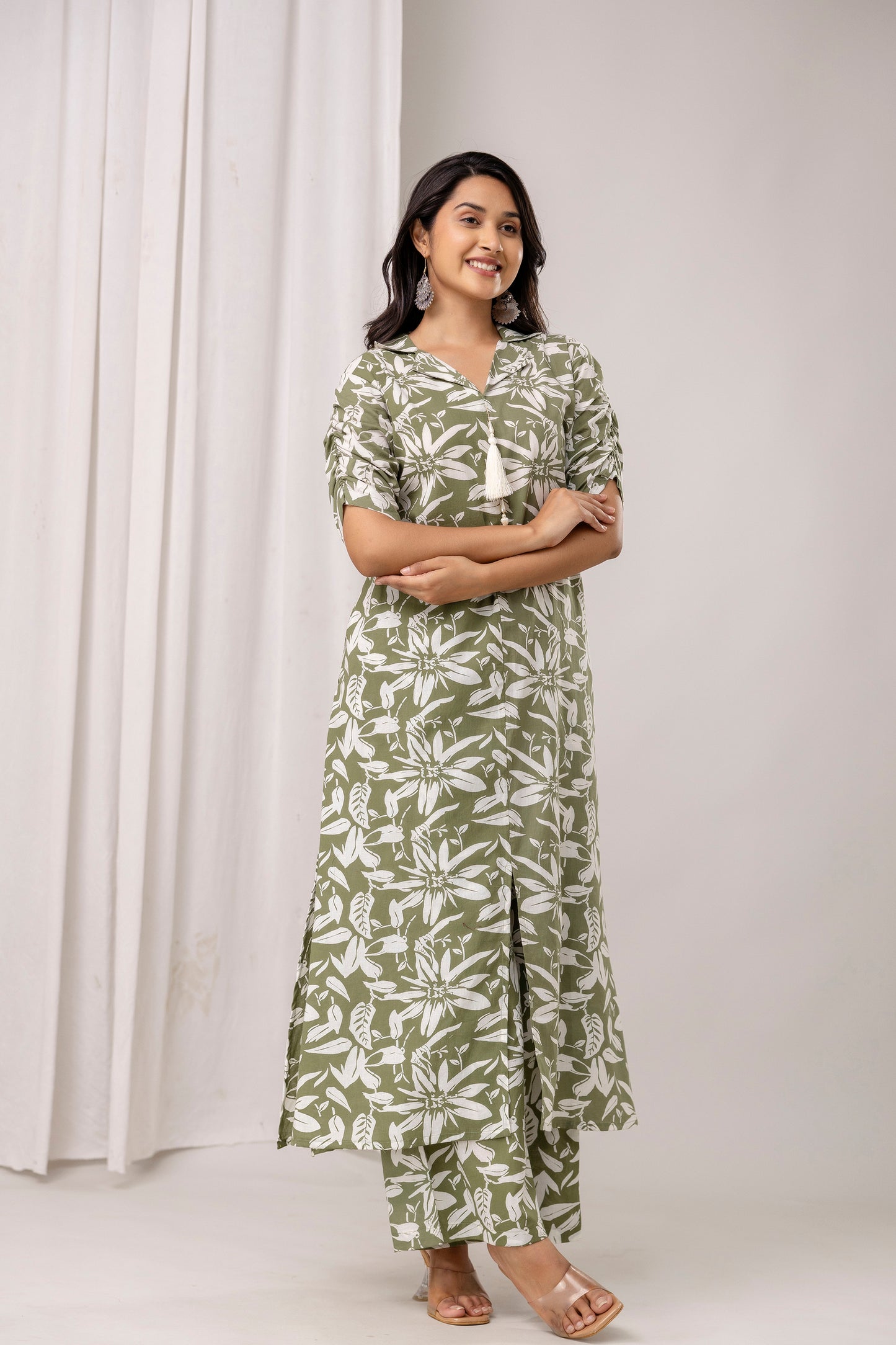 Floral Print A-Line Cotton Kurta with Pants- Tassels – Olive Green & Black - Naticraft