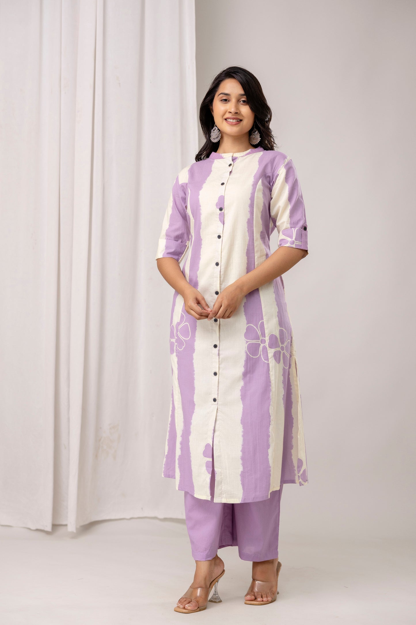 Striped Cotton Kurta & Pants with Minimal Floral Accents – Lavender & Green - Naticraft