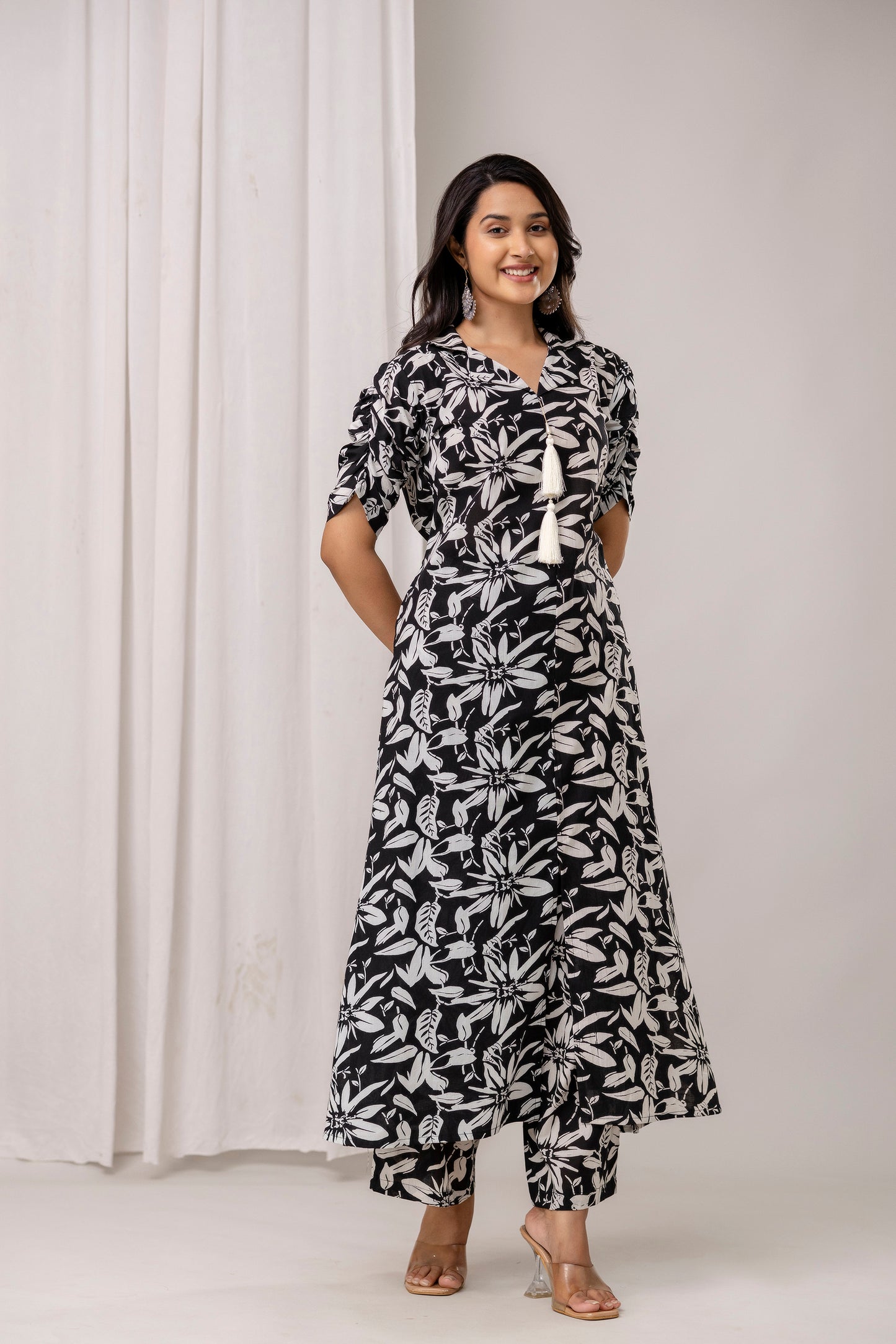 Floral Print A-Line Cotton Kurta with Pants- Tassels – Olive Green & Black - Naticraft