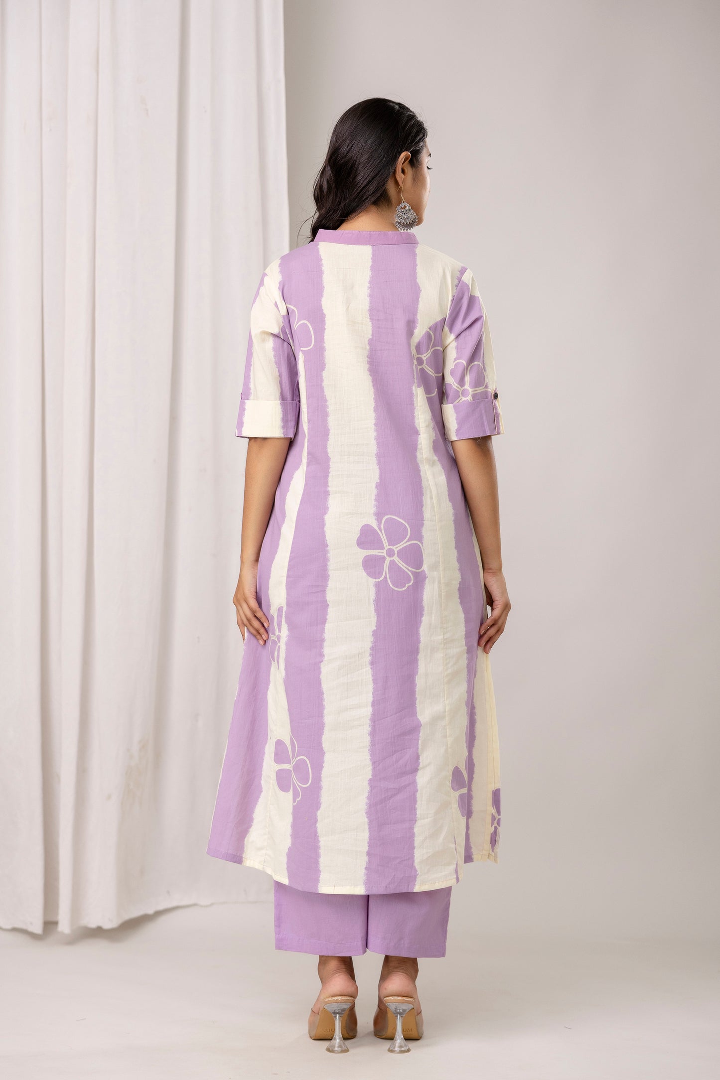 Striped Cotton Kurta & Pants with Minimal Floral Accents – Lavender & Green - Naticraft