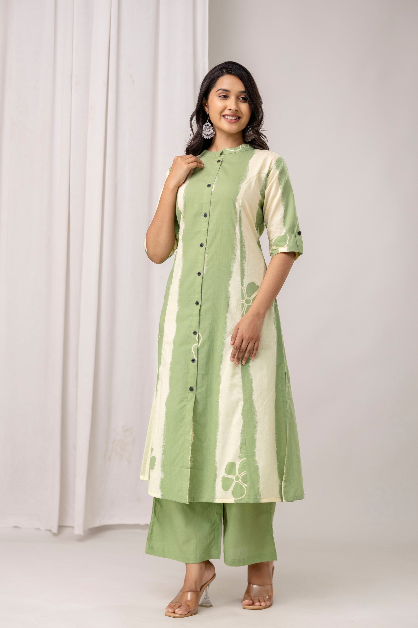 Striped Cotton Kurta & Pants with Minimal Floral Accents – Lavender & Green - Naticraft
