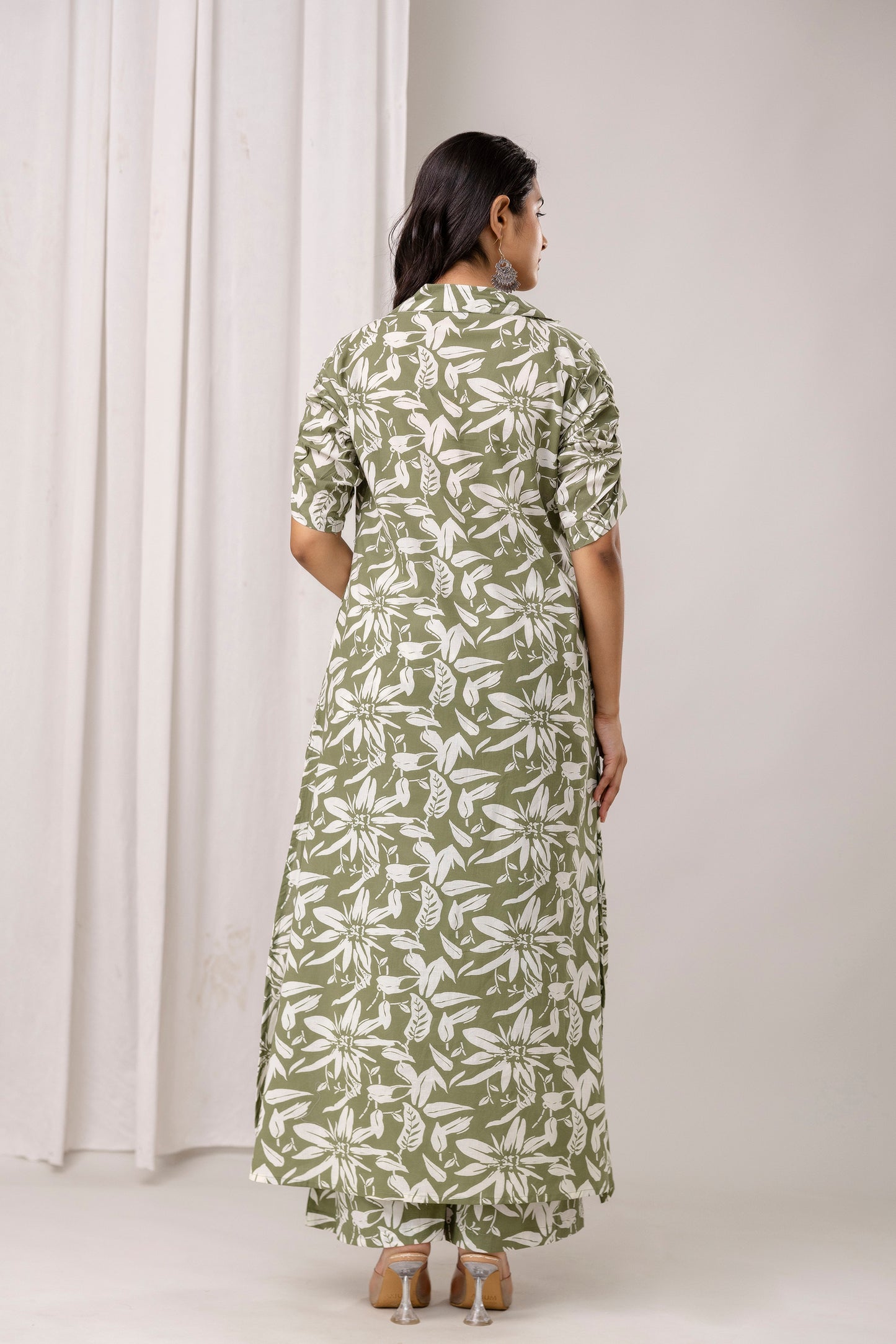 Floral Print A-Line Cotton Kurta with Pants- Tassels – Olive Green & Black - Naticraft