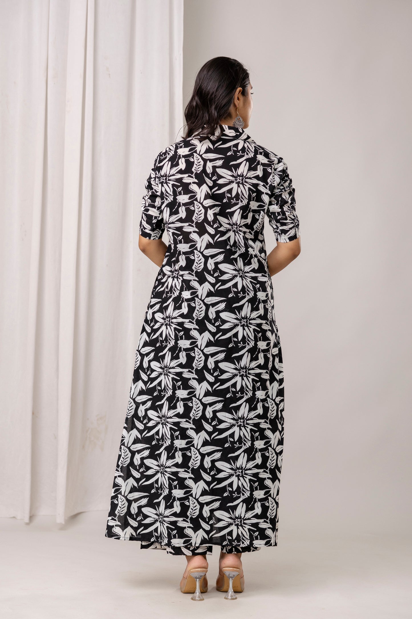 Floral Print A-Line Cotton Kurta with Pants- Tassels – Olive Green & Black - Naticraft
