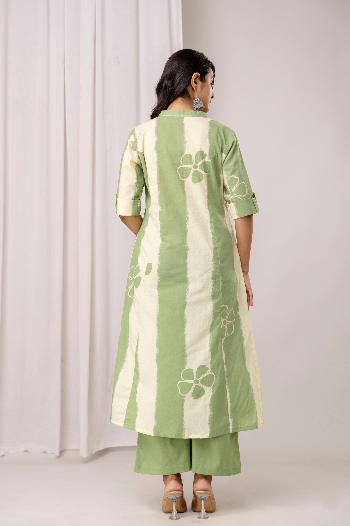 Striped Cotton Kurta & Pants with Minimal Floral Accents – Lavender & Green - Naticraft