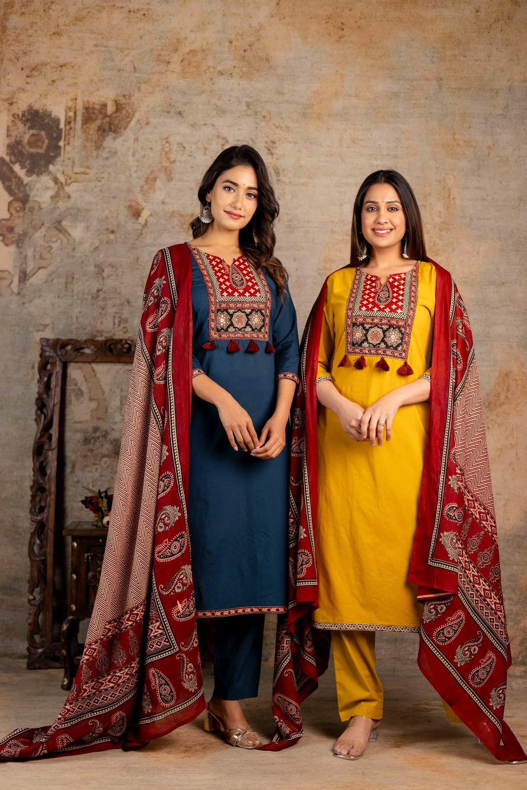 Women's Ajrakh Embroidered Kurta Set with Dupatta – A Blend of Tradition & Elegance - Naticraft