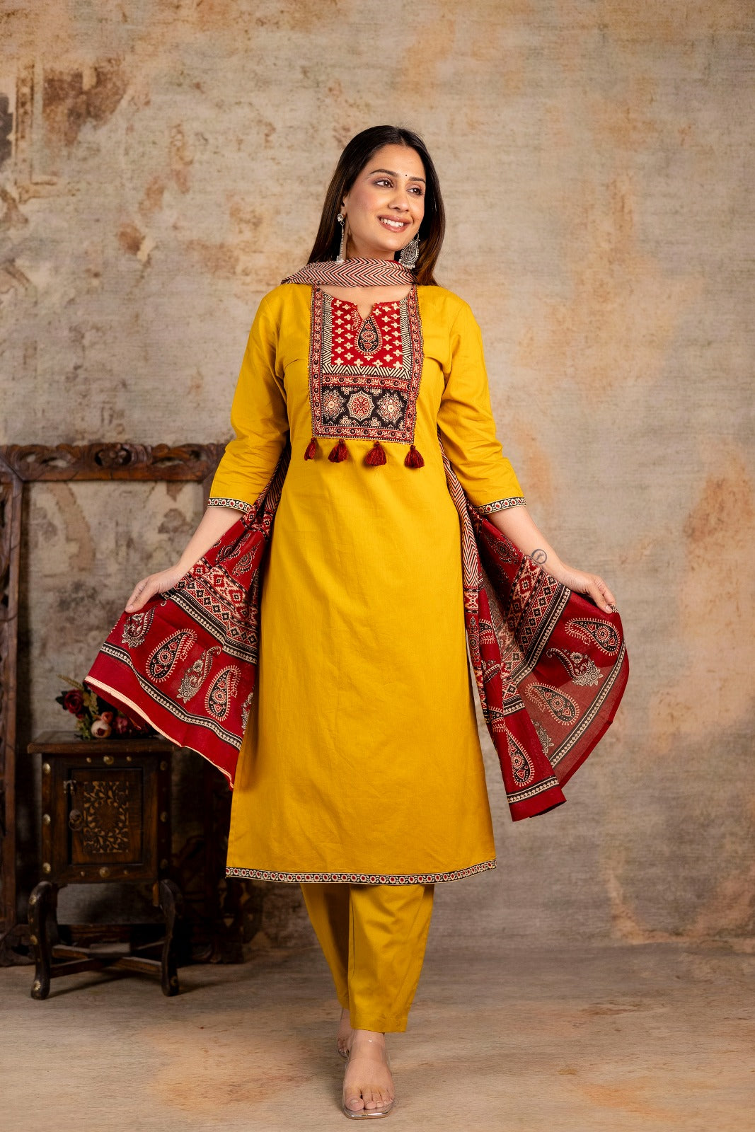Women's Ajrakh Embroidered Kurta Set with Dupatta – A Blend of Tradition & Elegance - Naticraft