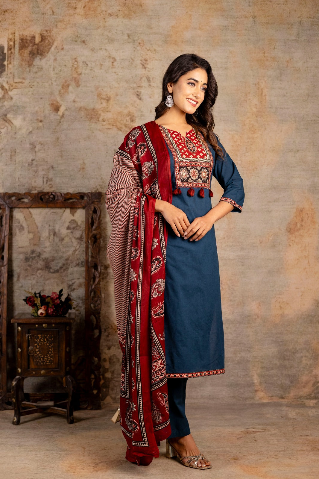 Women's Ajrakh Embroidered Kurta Set with Dupatta – A Blend of Tradition & Elegance - Naticraft