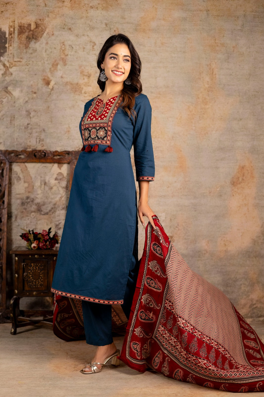 Women's Ajrakh Embroidered Kurta Set with Dupatta – A Blend of Tradition & Elegance - Naticraft