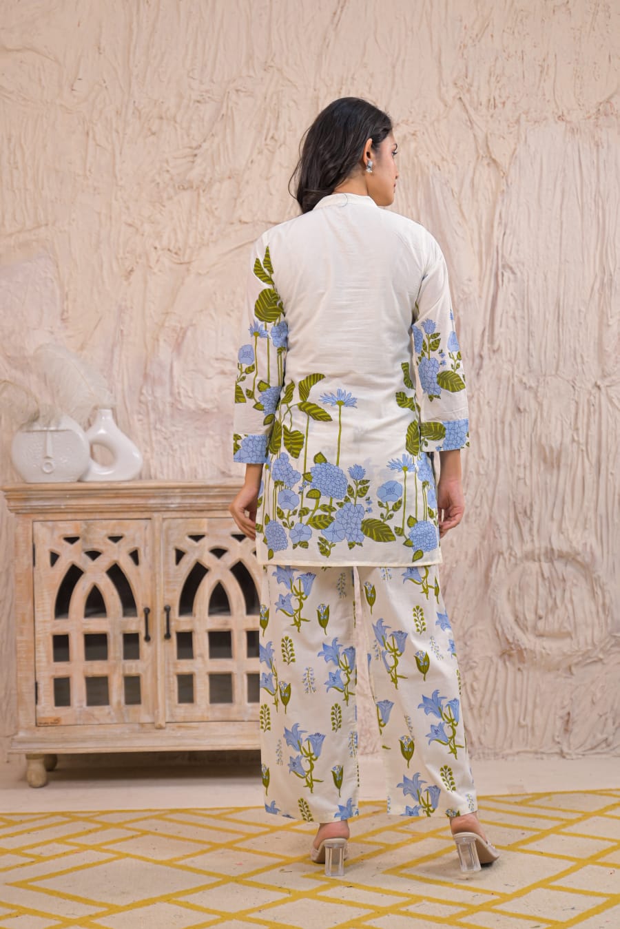 White & Blue Floral Pure Cotton Co-ord Set with Straight Pants - Naticraft