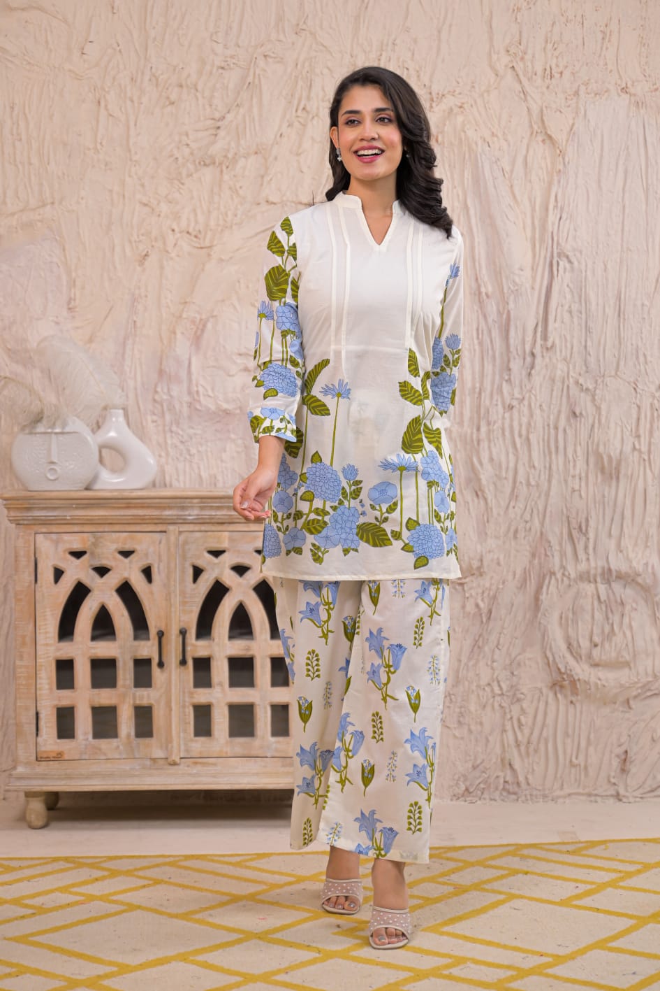 White & Blue Floral Pure Cotton Co-ord Set with Straight Pants - Naticraft