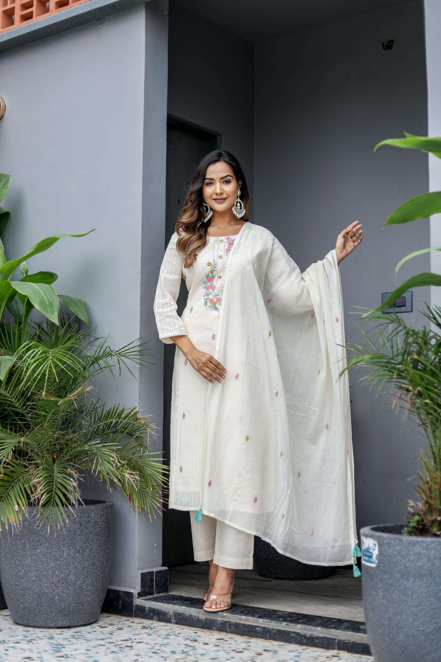 Ivory Embroidered Cotton Suit Set with Dupatta - Naticraft