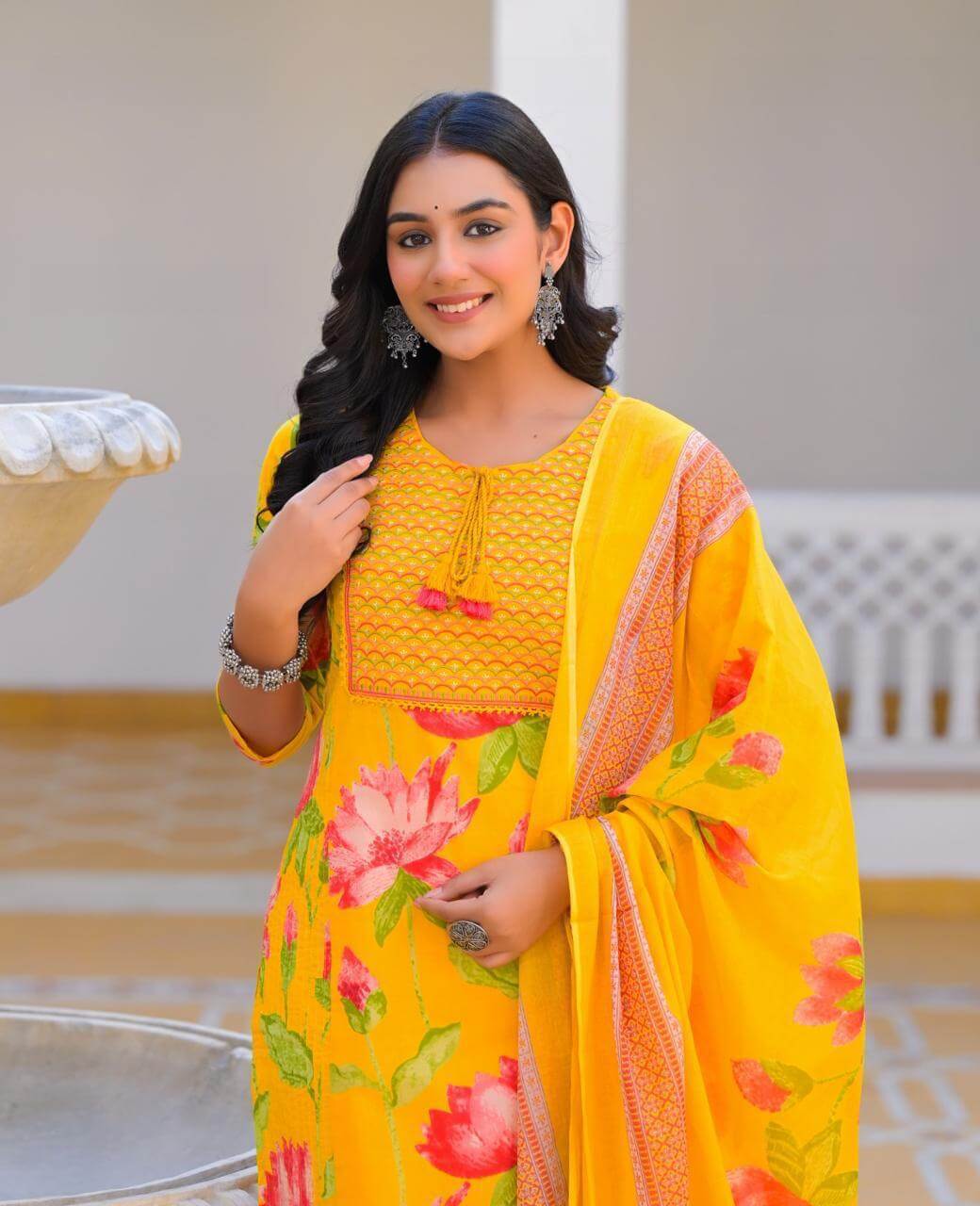 Floral Elegance Cotton Kurta Set - Yellow & Teal - Naticraft