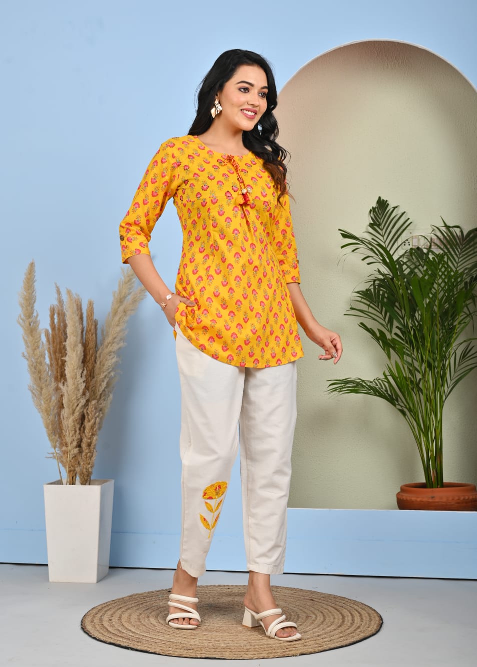 Vibrant Floral Printed Co-ord Set for Women – Short Kurti and Embroidered Pant - Naticraft