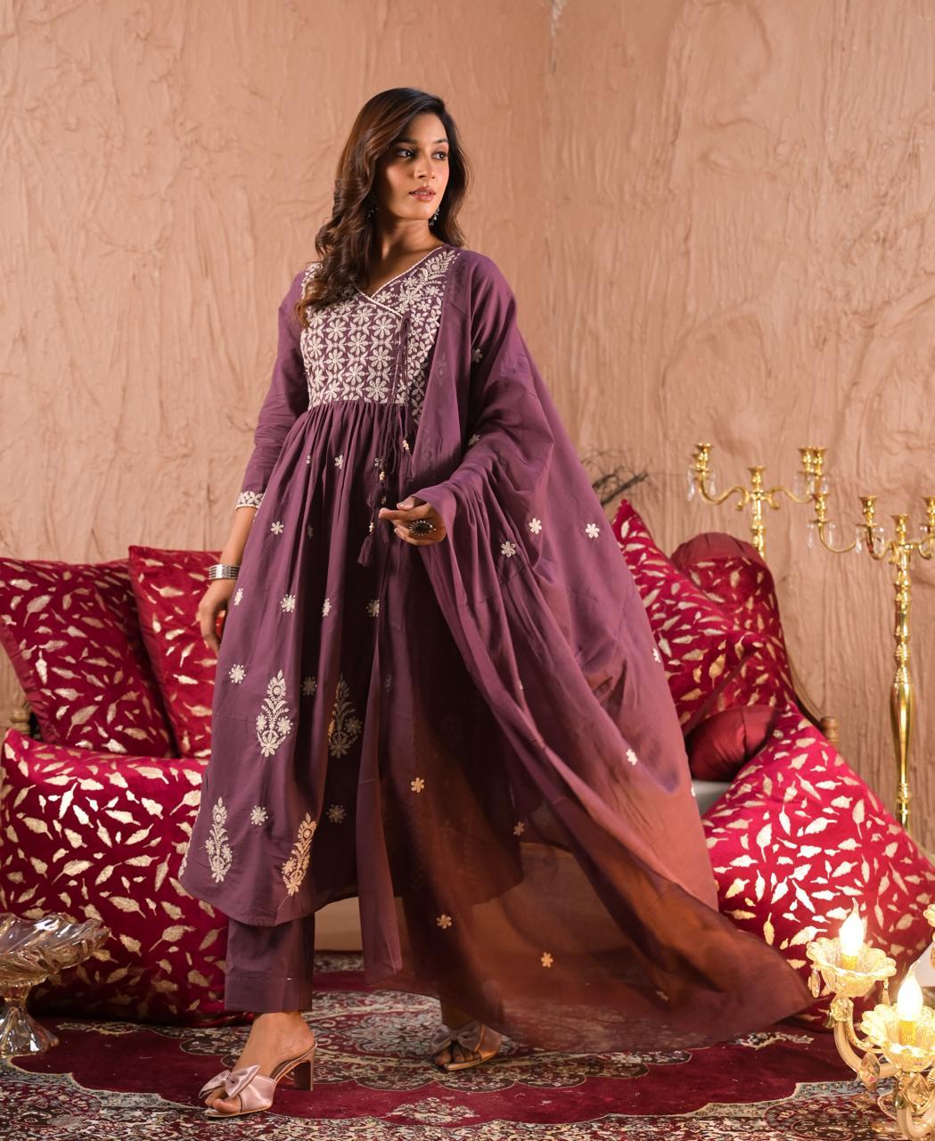 Maroon Embroidered Anarkali Kurta Set with Dupatta | Elegant Festive Wear - Naticraft