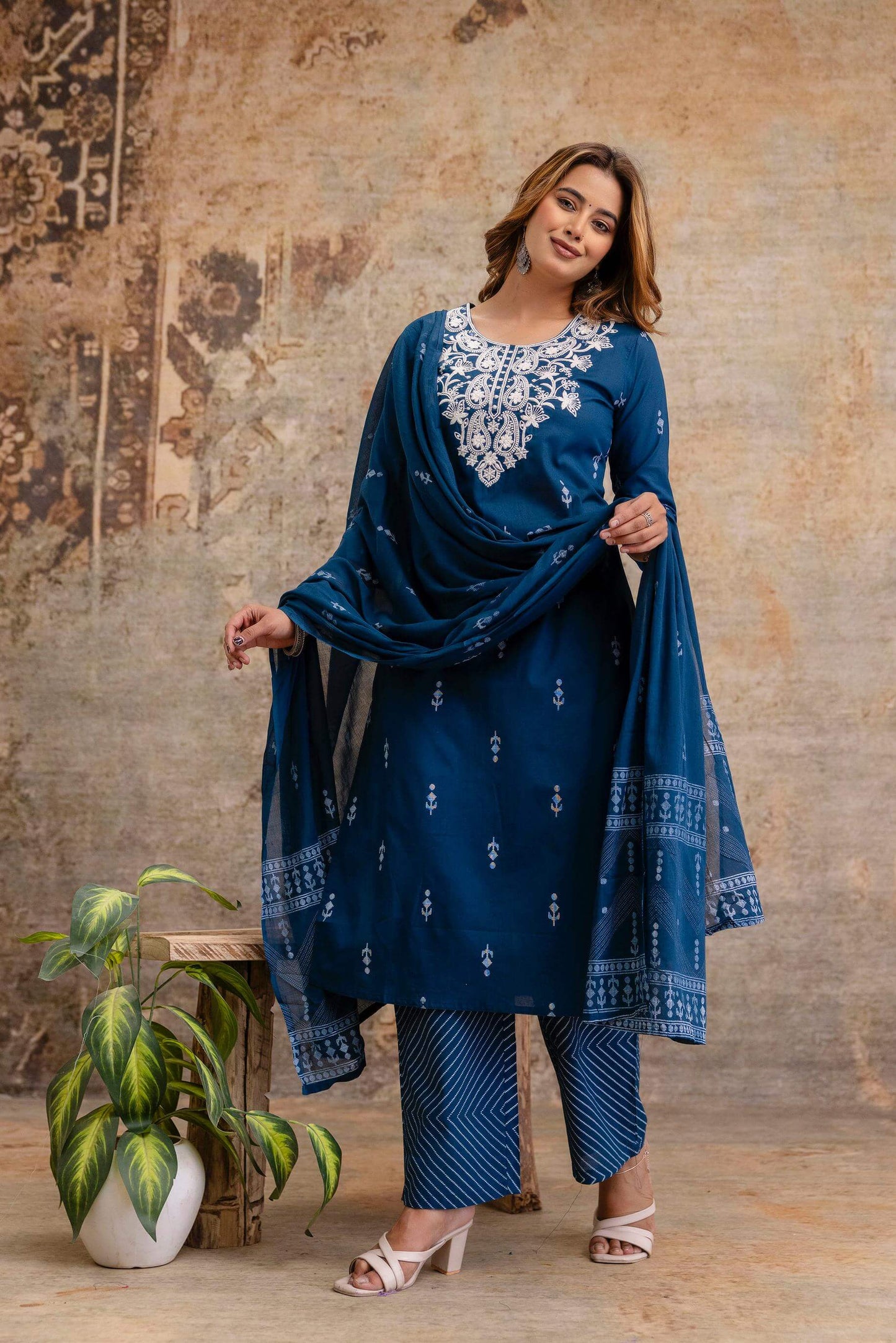 Elegant Embroidered Kurta Set with Printed Pants & Dupatta - Naticraft