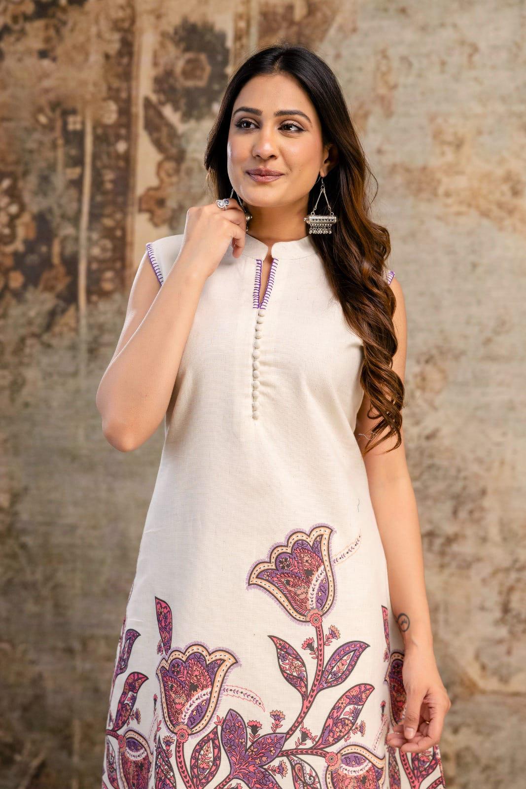 Floral Printed Co-ord Set - Sleeveless Kurta and Straight Pants - Naticraft