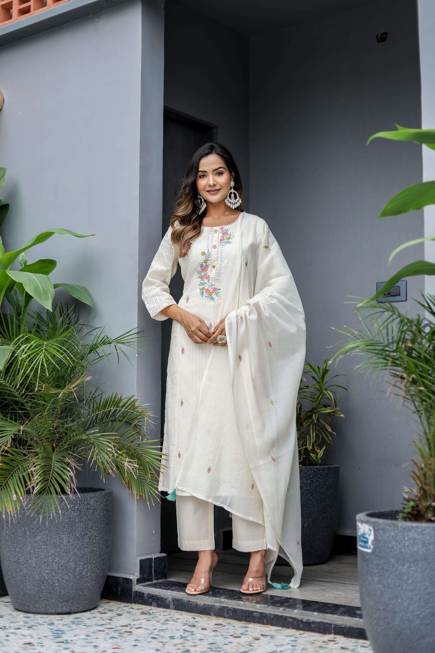 Ivory Embroidered Cotton Suit Set with Dupatta - Naticraft