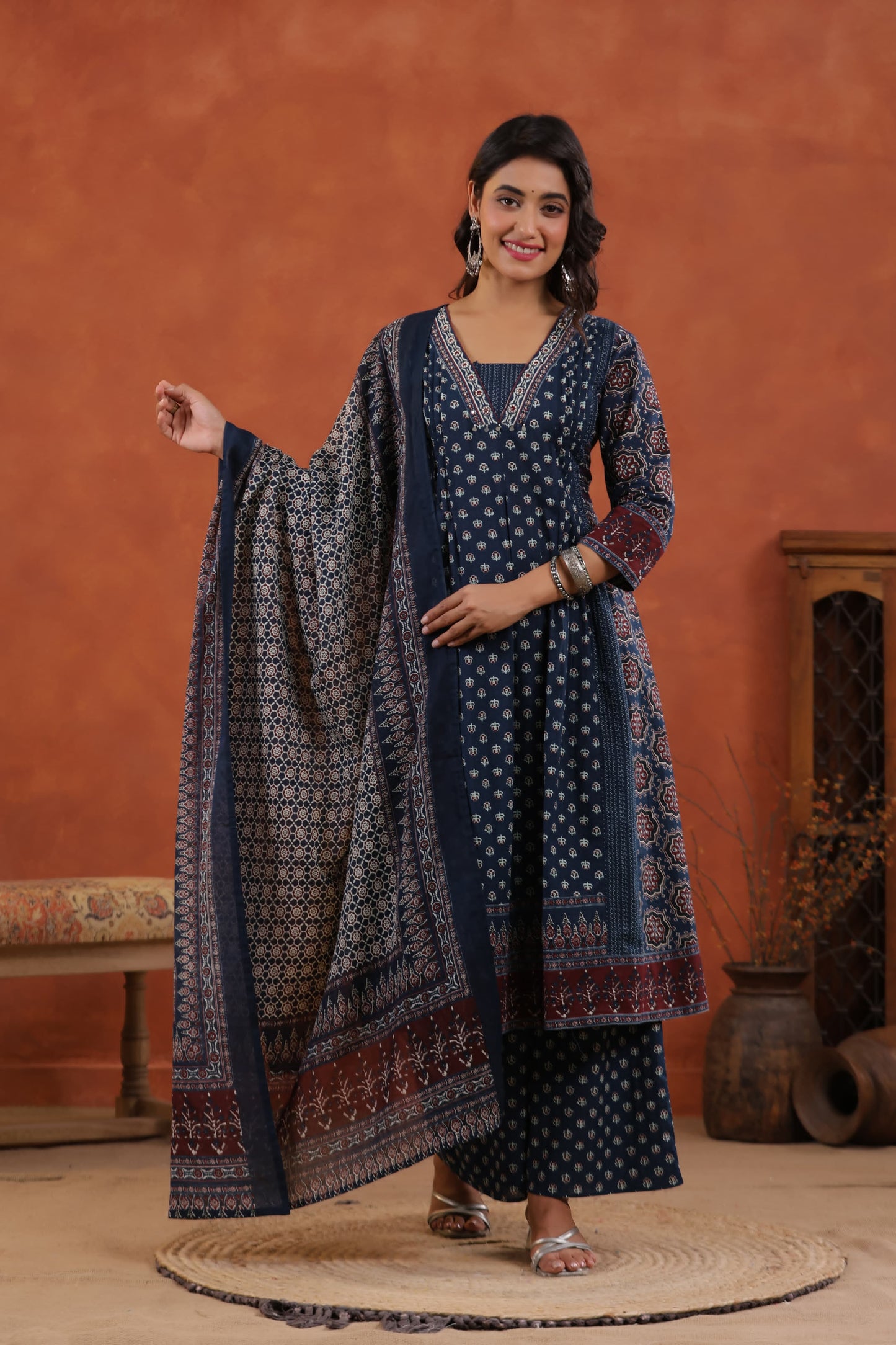 Heritage Charm Kurta Set - Maroon & Navy Classic - Naticraft