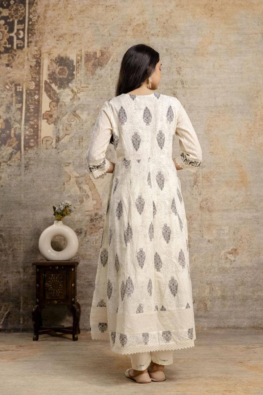 Elegant Off-White Printed Cotton Anarkali Kurta Set with Dupatta - Naticraft