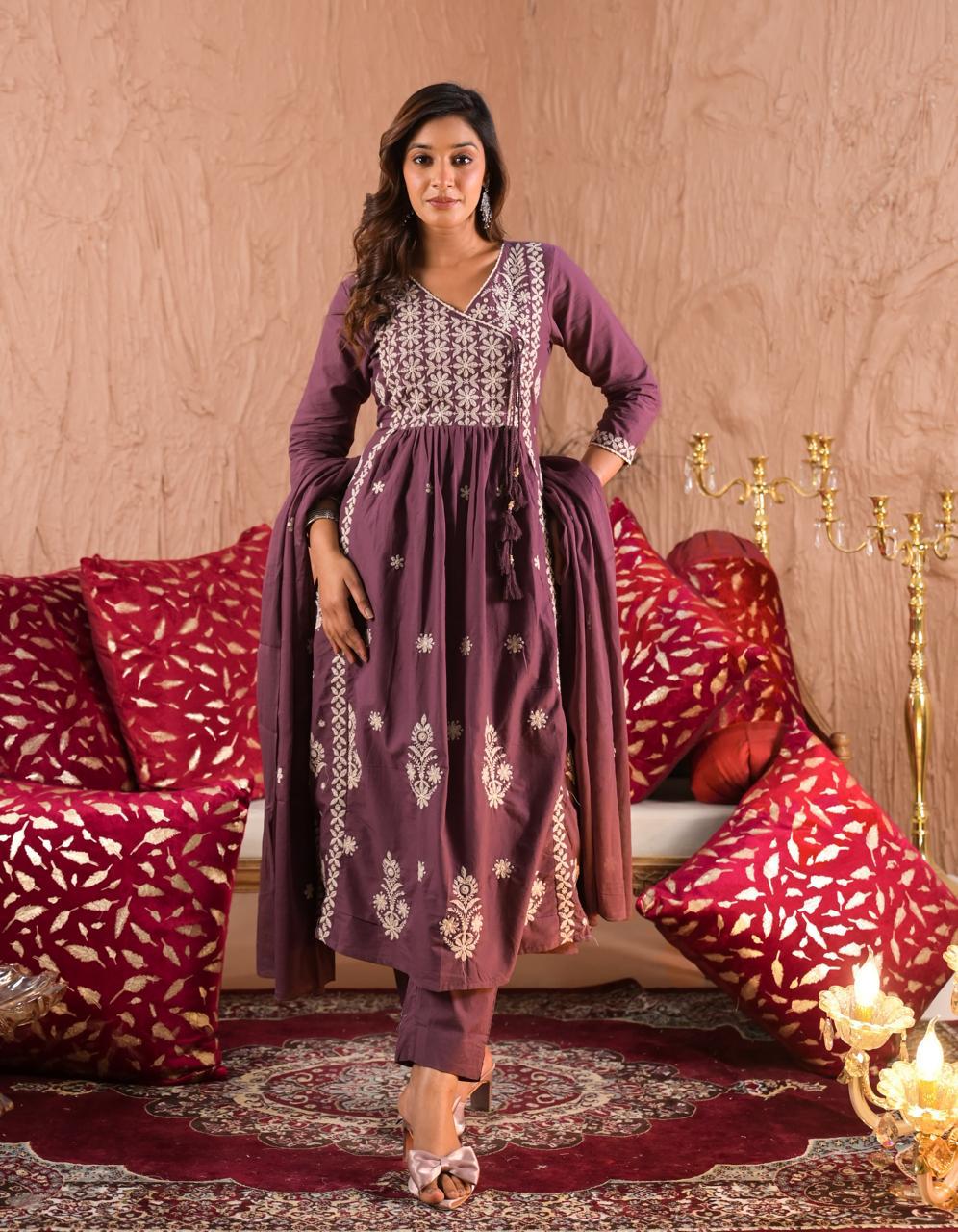 Maroon Embroidered Anarkali Kurta Set with Dupatta | Elegant Festive Wear - Naticraft