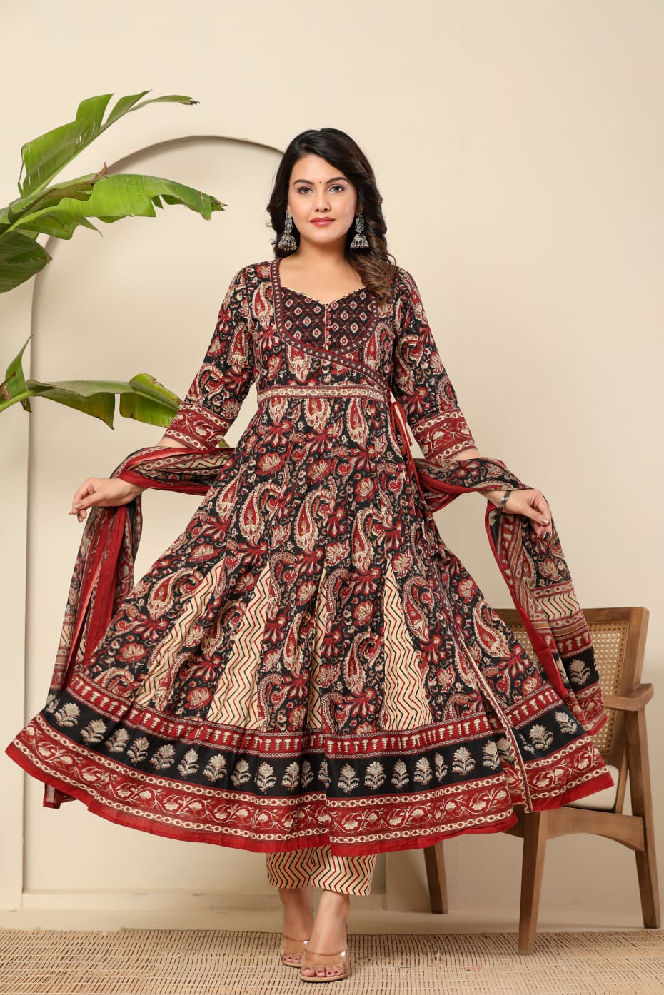 Boho Bloom Anarkali Kurta Set with Printed Dupatta - Naticraft