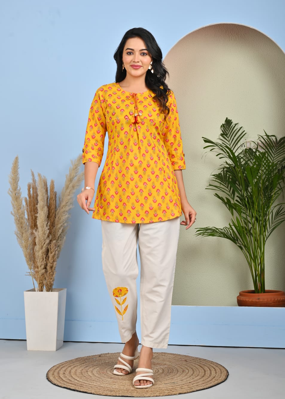 Vibrant Floral Printed Co-ord Set for Women – Short Kurti and Embroidered Pant - Naticraft