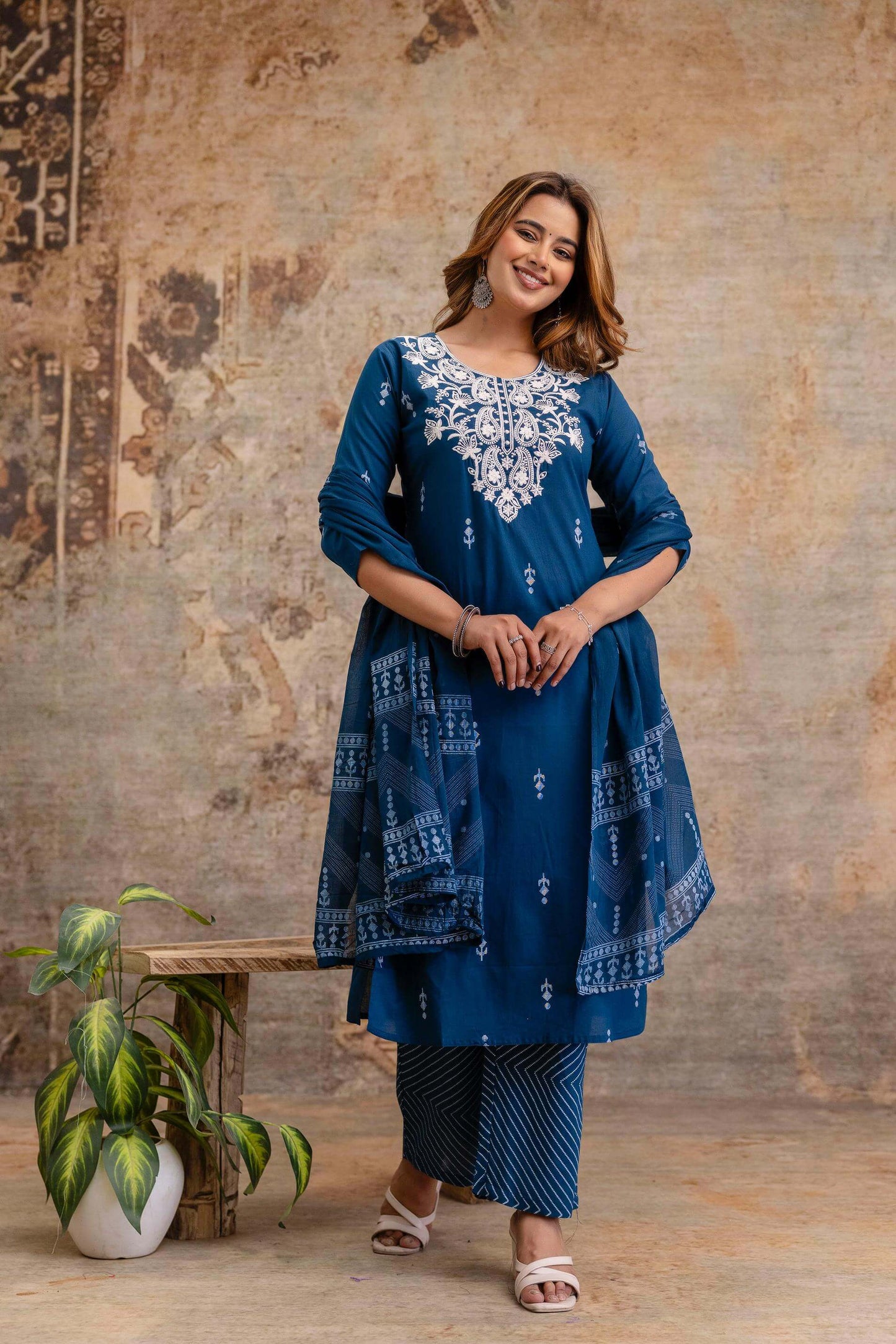 Elegant Embroidered Kurta Set with Printed Pants & Dupatta - Naticraft