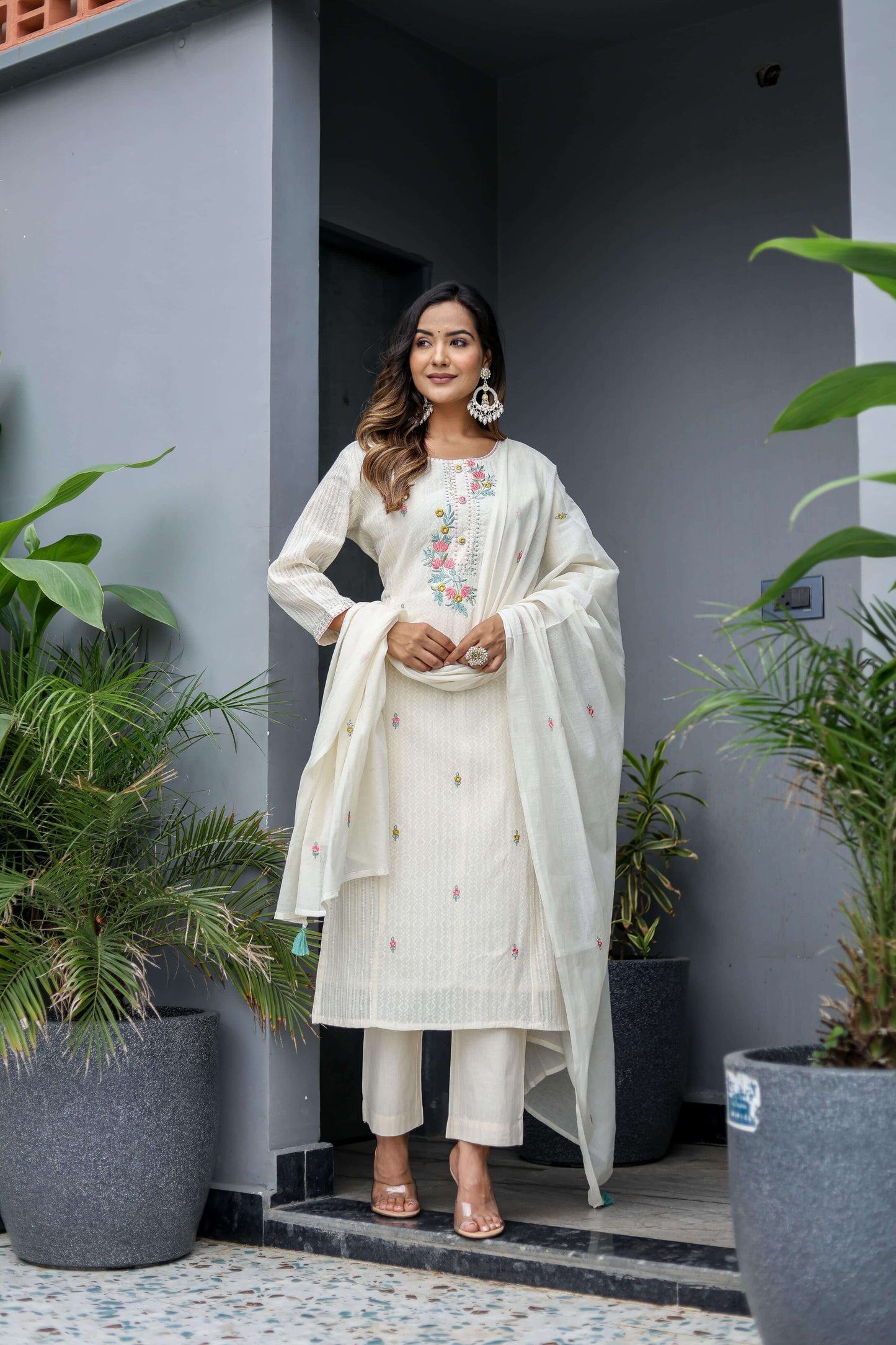 Ivory Embroidered Cotton Suit Set with Dupatta - Naticraft
