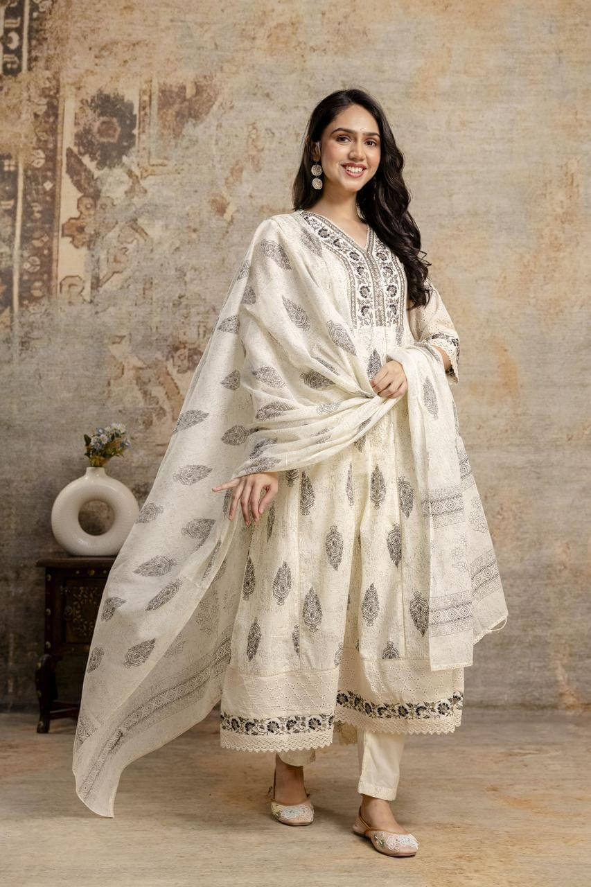 Elegant Off-White Printed Cotton Anarkali Kurta Set with Dupatta - Naticraft