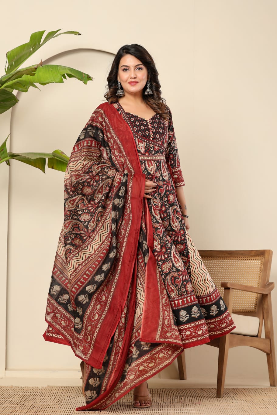Boho Bloom Anarkali Kurta Set with Printed Dupatta - Naticraft