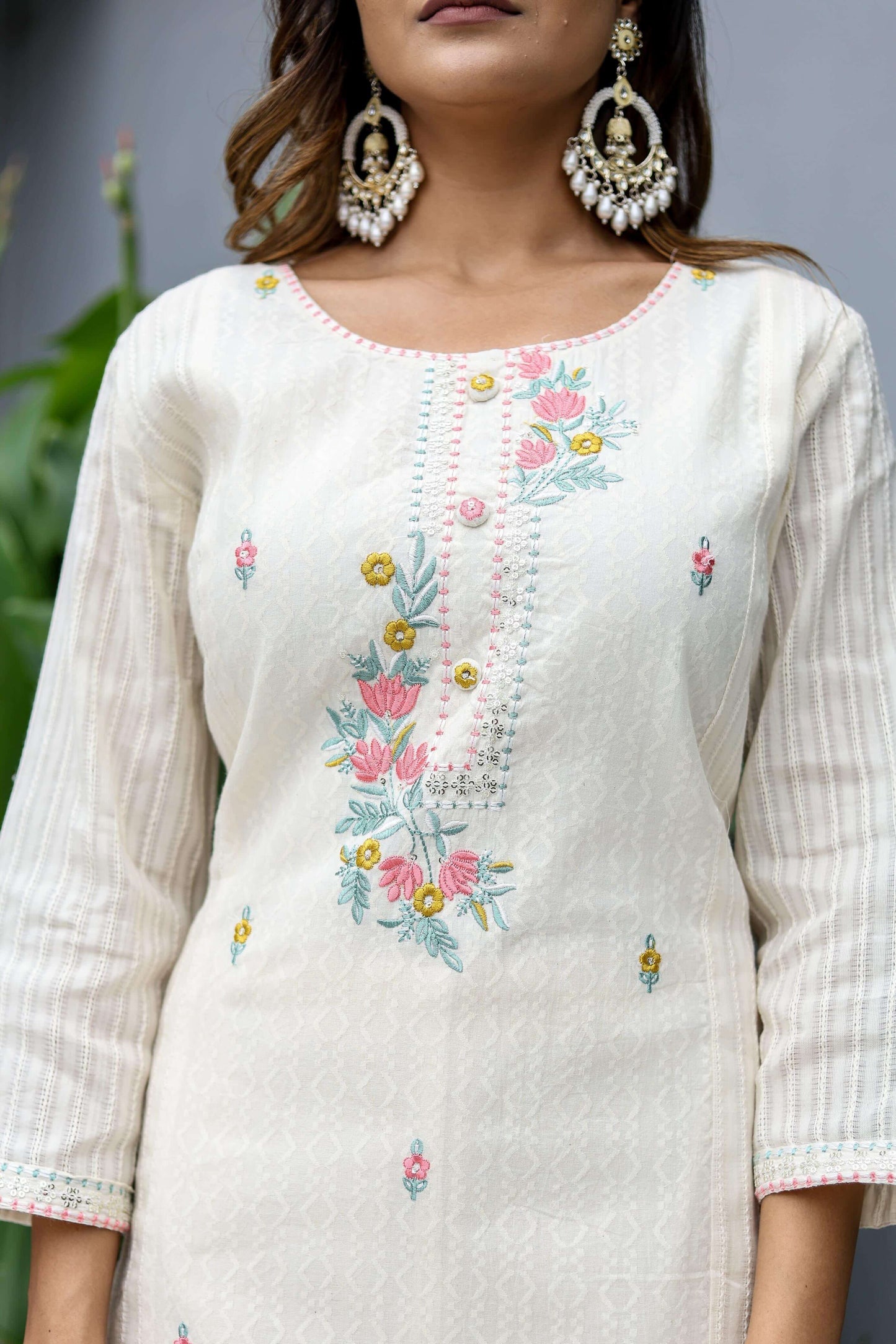 Ivory Embroidered Cotton Suit Set with Dupatta - Naticraft