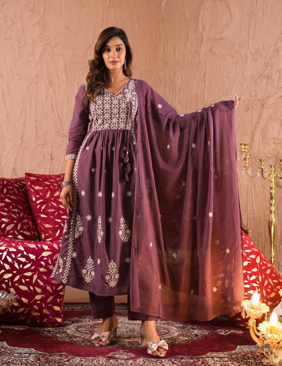 Maroon Embroidered Anarkali Kurta Set with Dupatta | Elegant Festive Wear - Naticraft