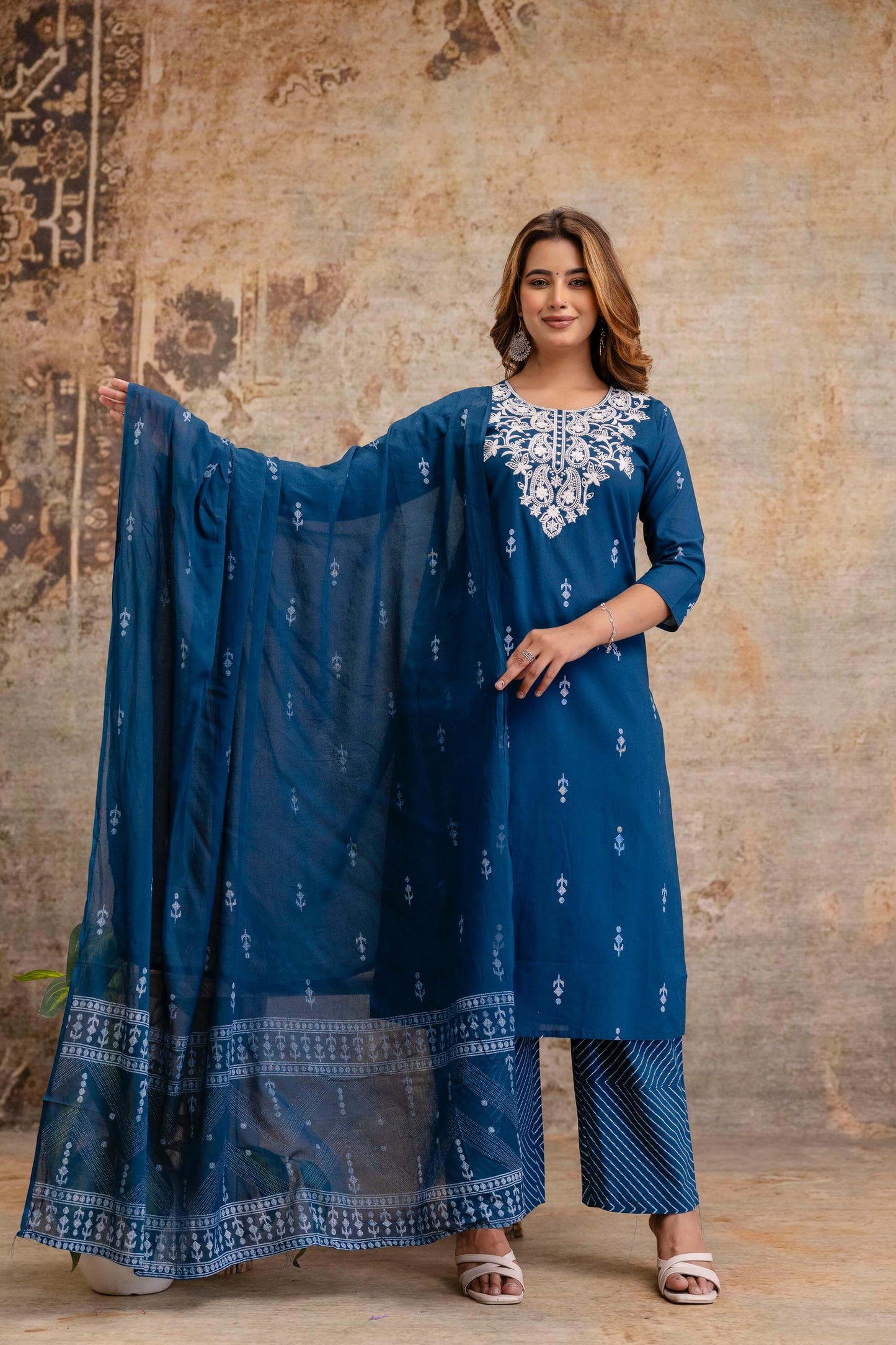 Elegant Embroidered Kurta Set with Printed Pants & Dupatta - Naticraft