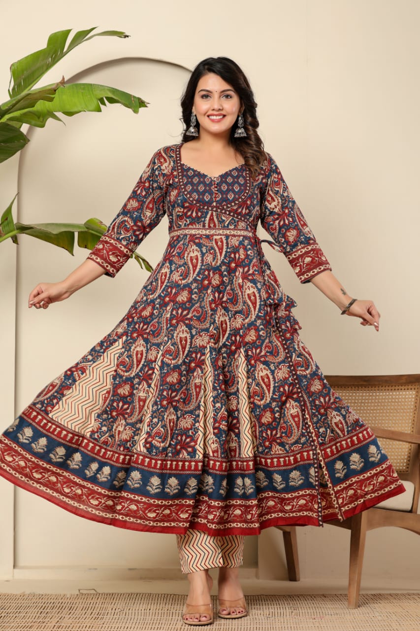 Boho Bloom Anarkali Kurta Set with Printed Dupatta - Naticraft