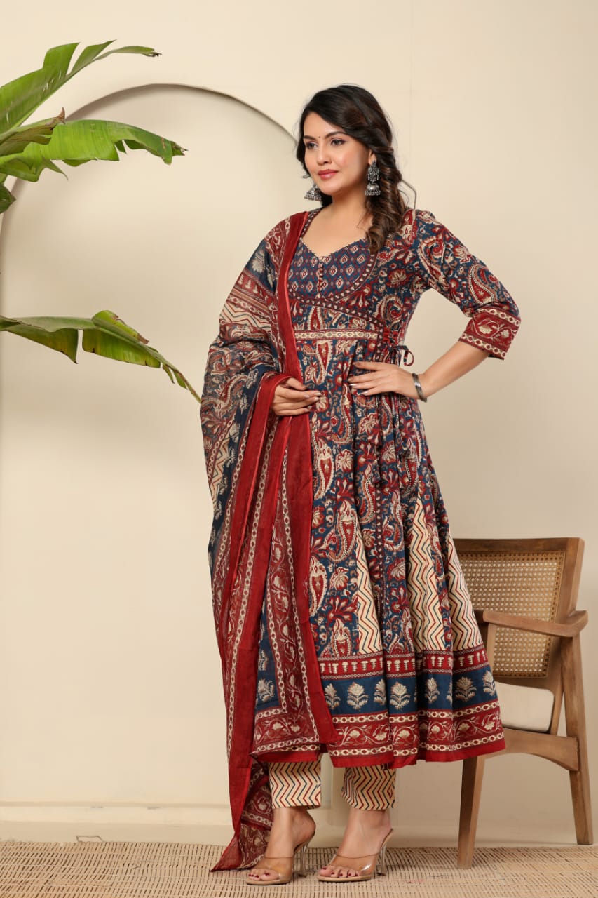 Boho Bloom Anarkali Kurta Set with Printed Dupatta - Naticraft