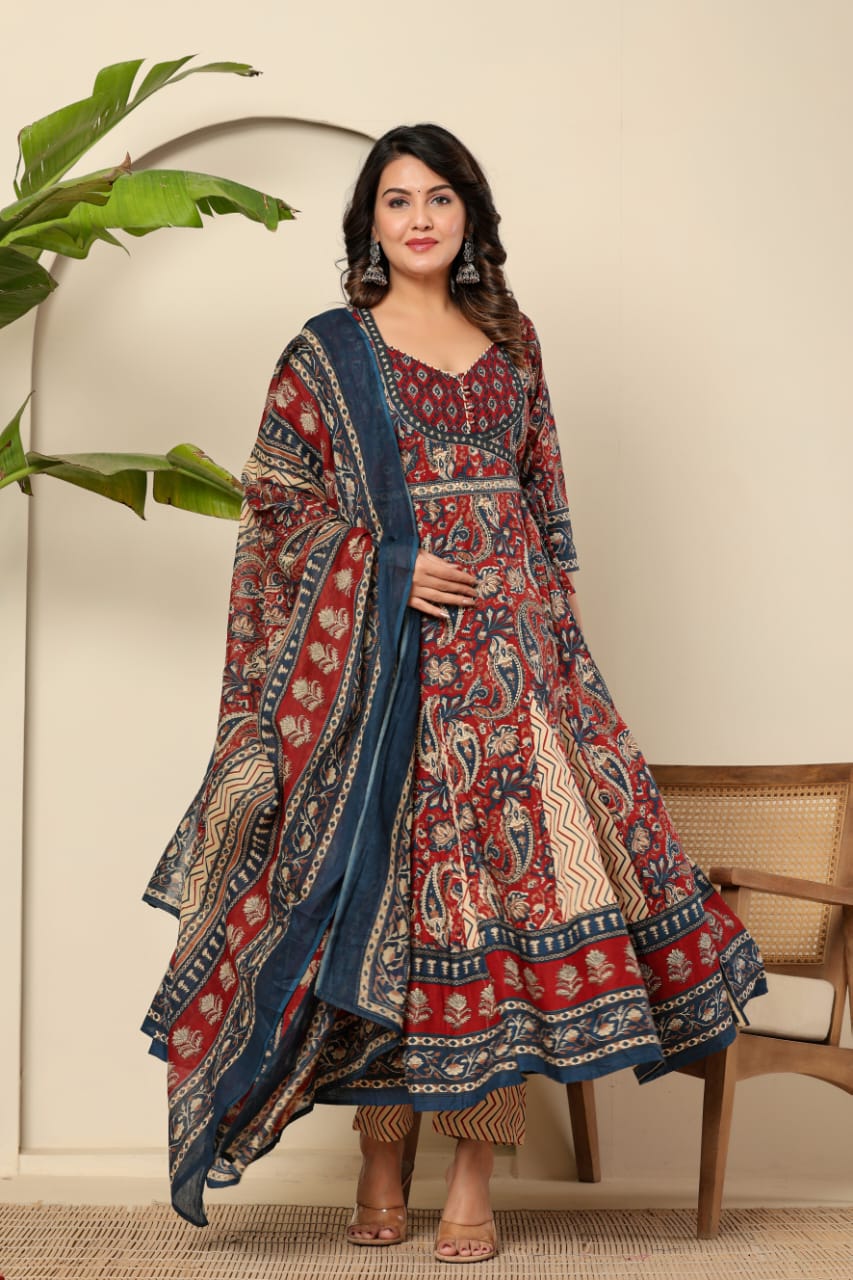 Boho Bloom Anarkali Kurta Set with Printed Dupatta - Naticraft