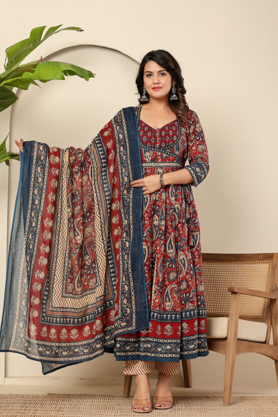 Boho Bloom Anarkali Kurta Set with Printed Dupatta - Naticraft