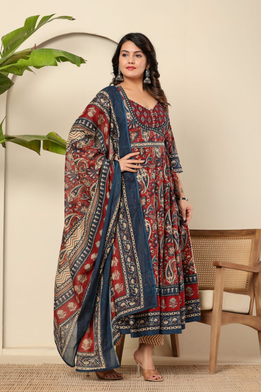 Boho Bloom Anarkali Kurta Set with Printed Dupatta - Naticraft