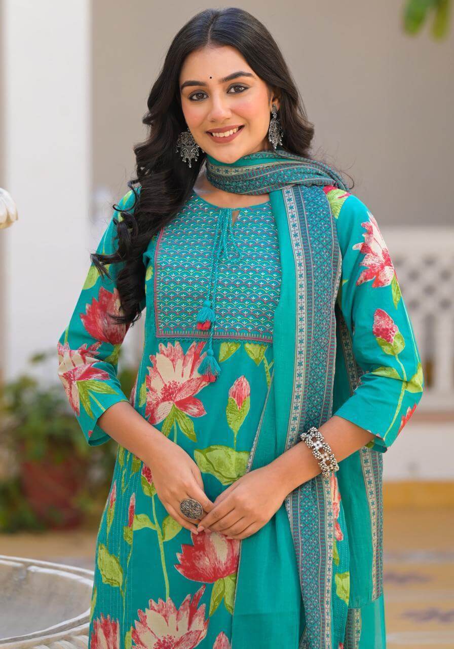 Floral Elegance Cotton Kurta Set - Yellow & Teal - Naticraft