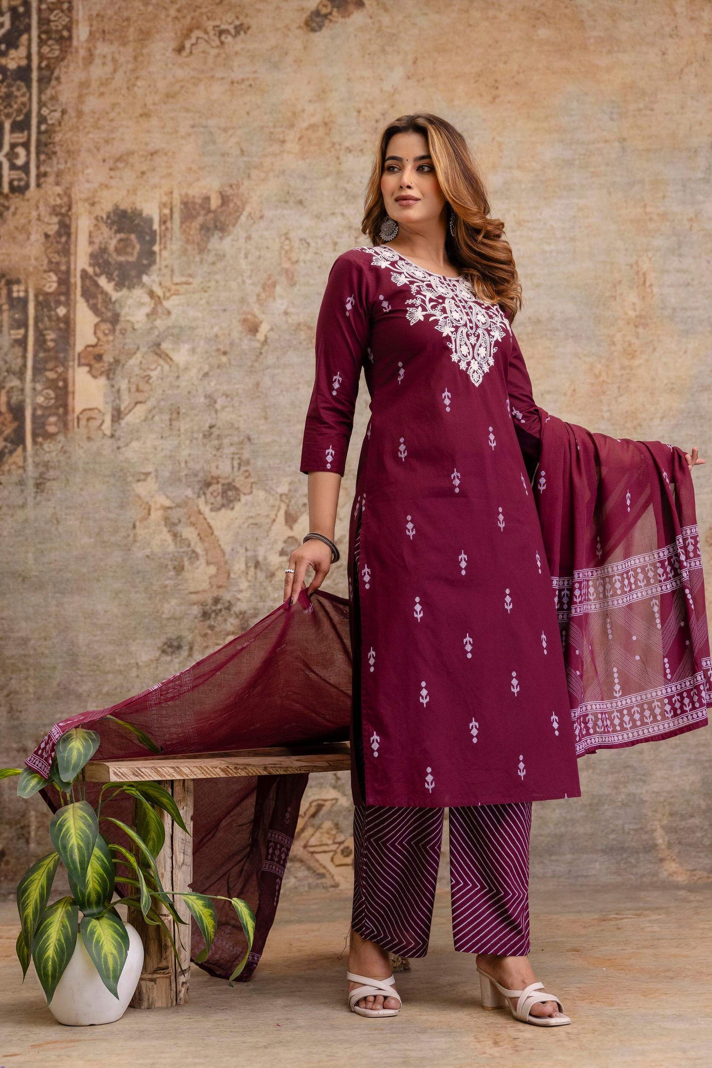Elegant Embroidered Kurta Set with Printed Pants & Dupatta - Naticraft