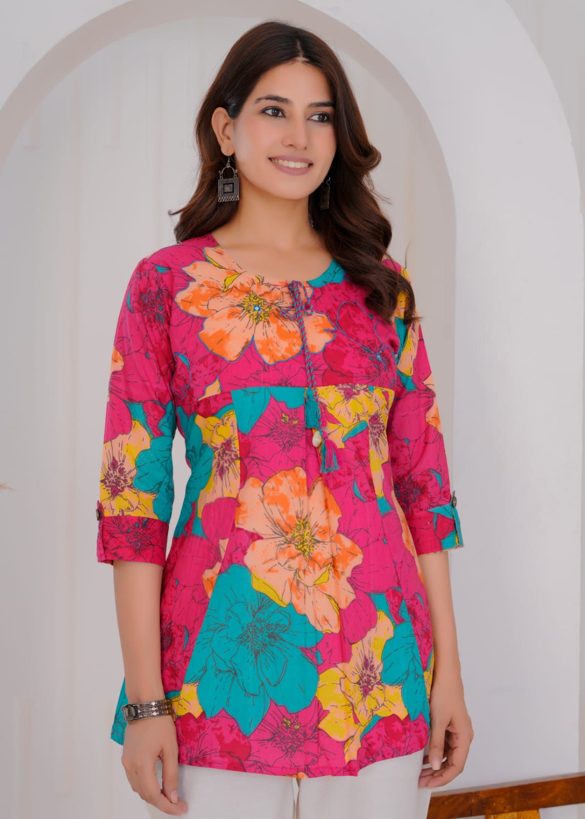 Women's Bright Floral Printed Cotton Co-ord Set (Top & Pants) - Naticraft